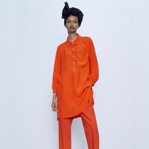 NWT Zara orange collared  tunic w/4 gold buttons, front pocket, button cuffs 🧡